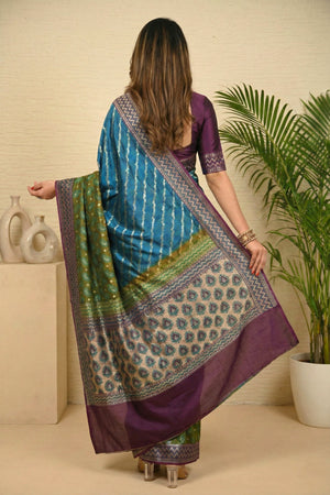 Exquisite Teal & Olive Banarasi Silk Saree with Regal Purple Border