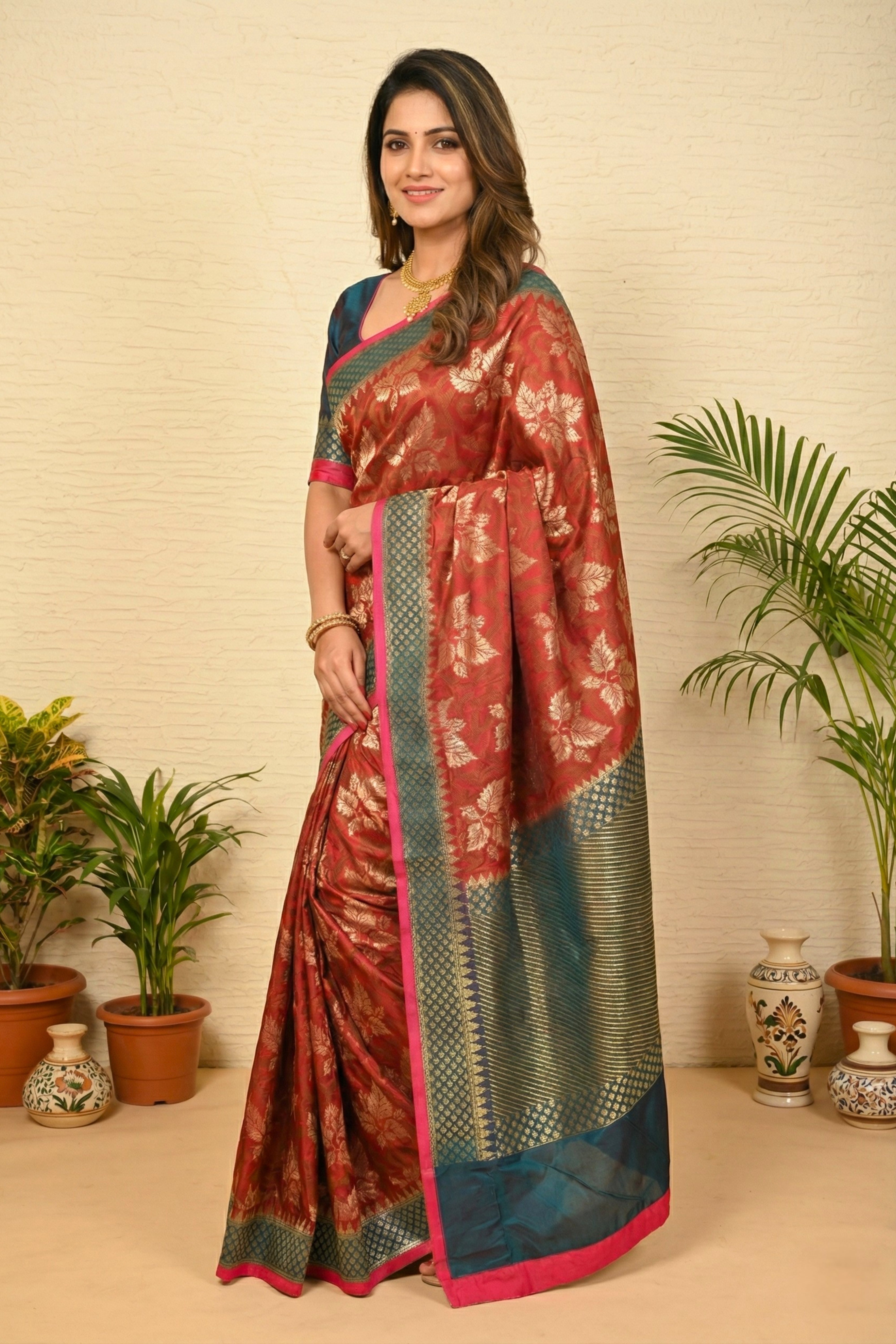 Classic Maroon & Peacock Blue Woven Banarasi Silk Saree