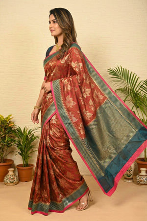 Classic Maroon & Peacock Blue Woven Banarasi Silk Saree