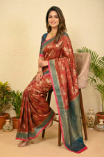 Classic Maroon & Peacock Blue Woven Banarasi Silk Saree