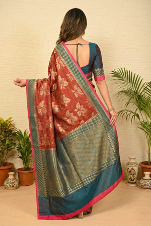 Classic Maroon & Peacock Blue Woven Banarasi Silk Saree