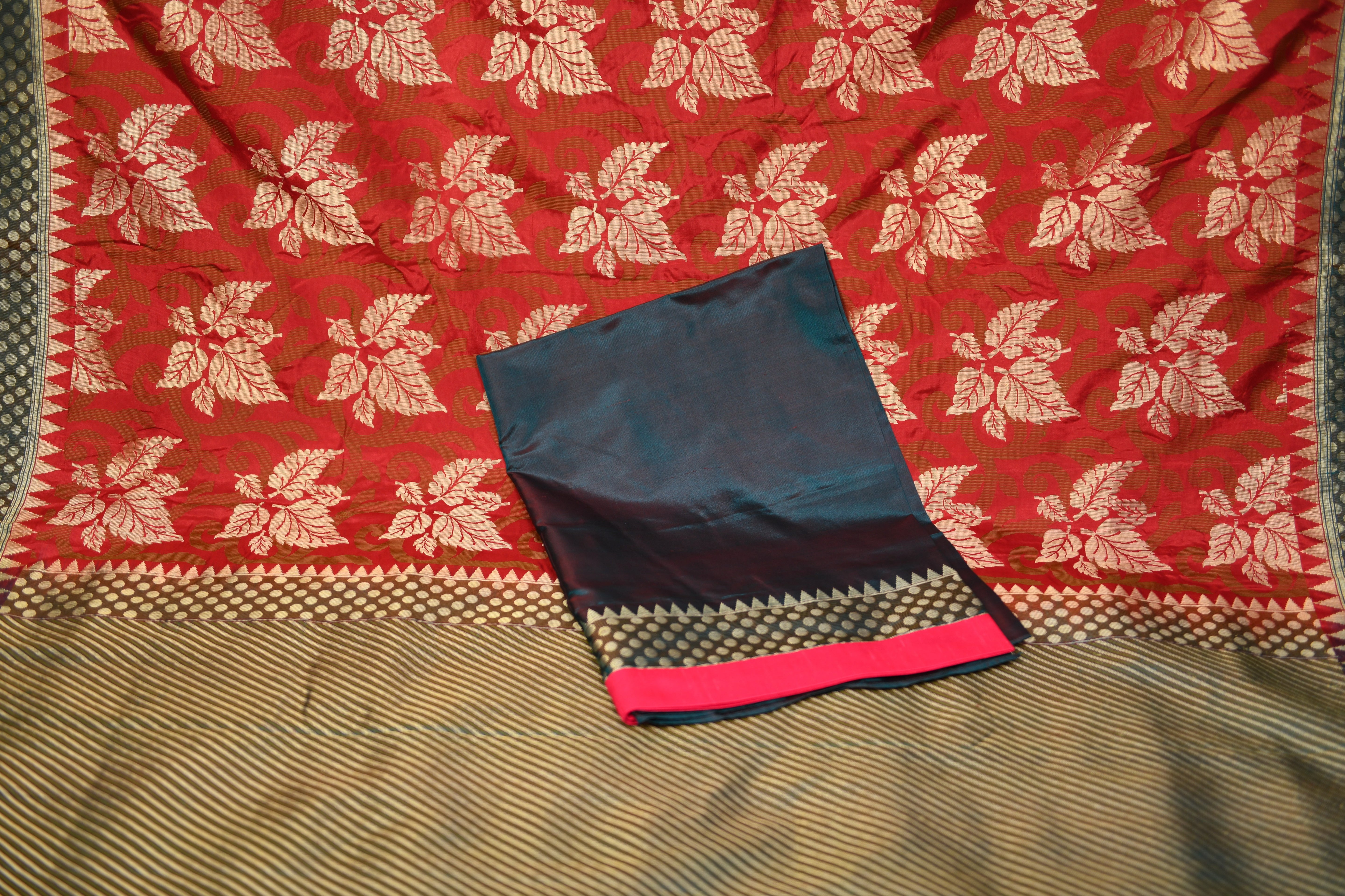 Classic Maroon & Peacock Blue Woven Banarasi Silk Saree