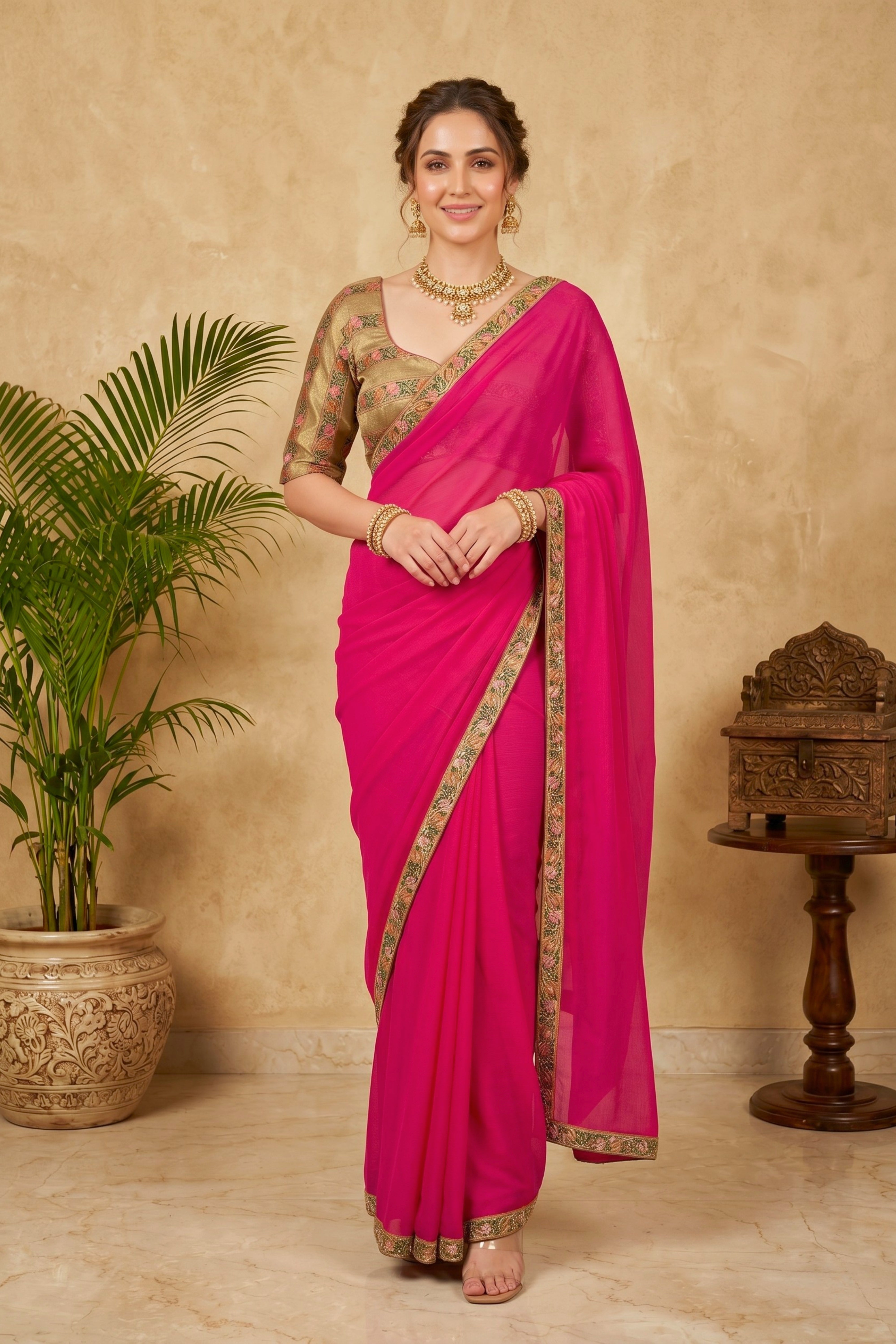 Vibrant Fuchsia Pink Chiffon Saree with Embroidered Border