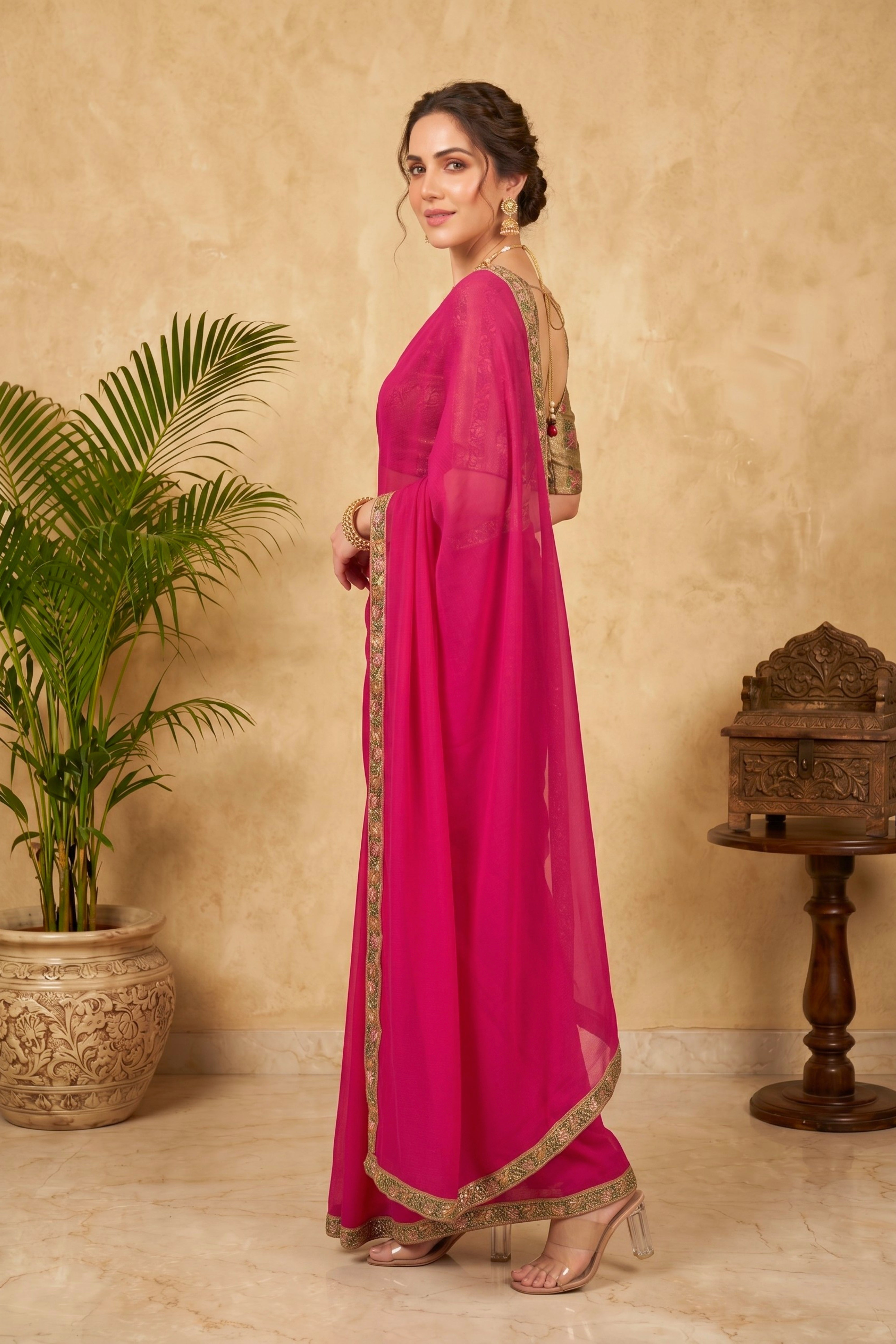 Vibrant Fuchsia Pink Chiffon Saree with Embroidered Border