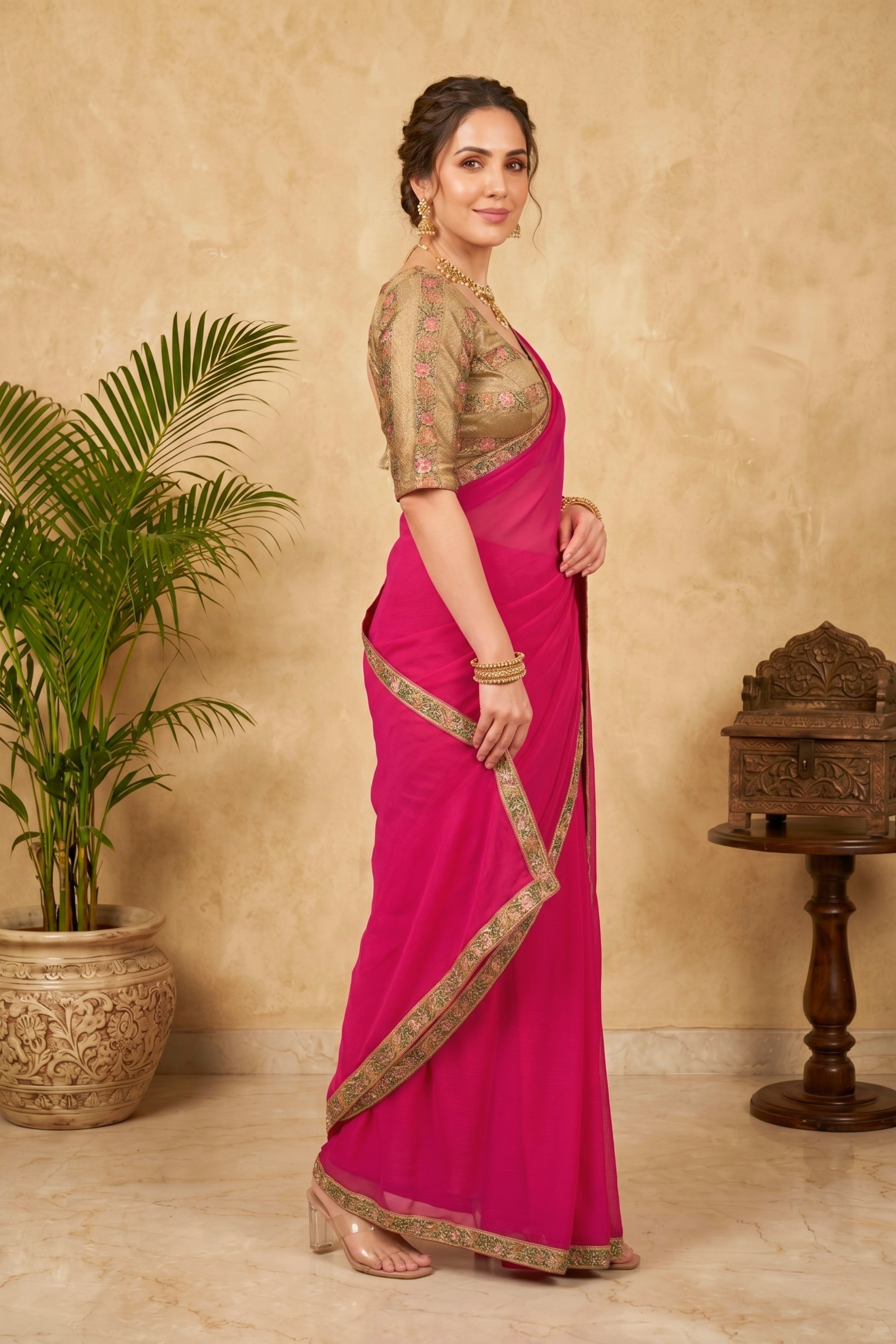 Vibrant Fuchsia Pink Chiffon Saree with Embroidered Border