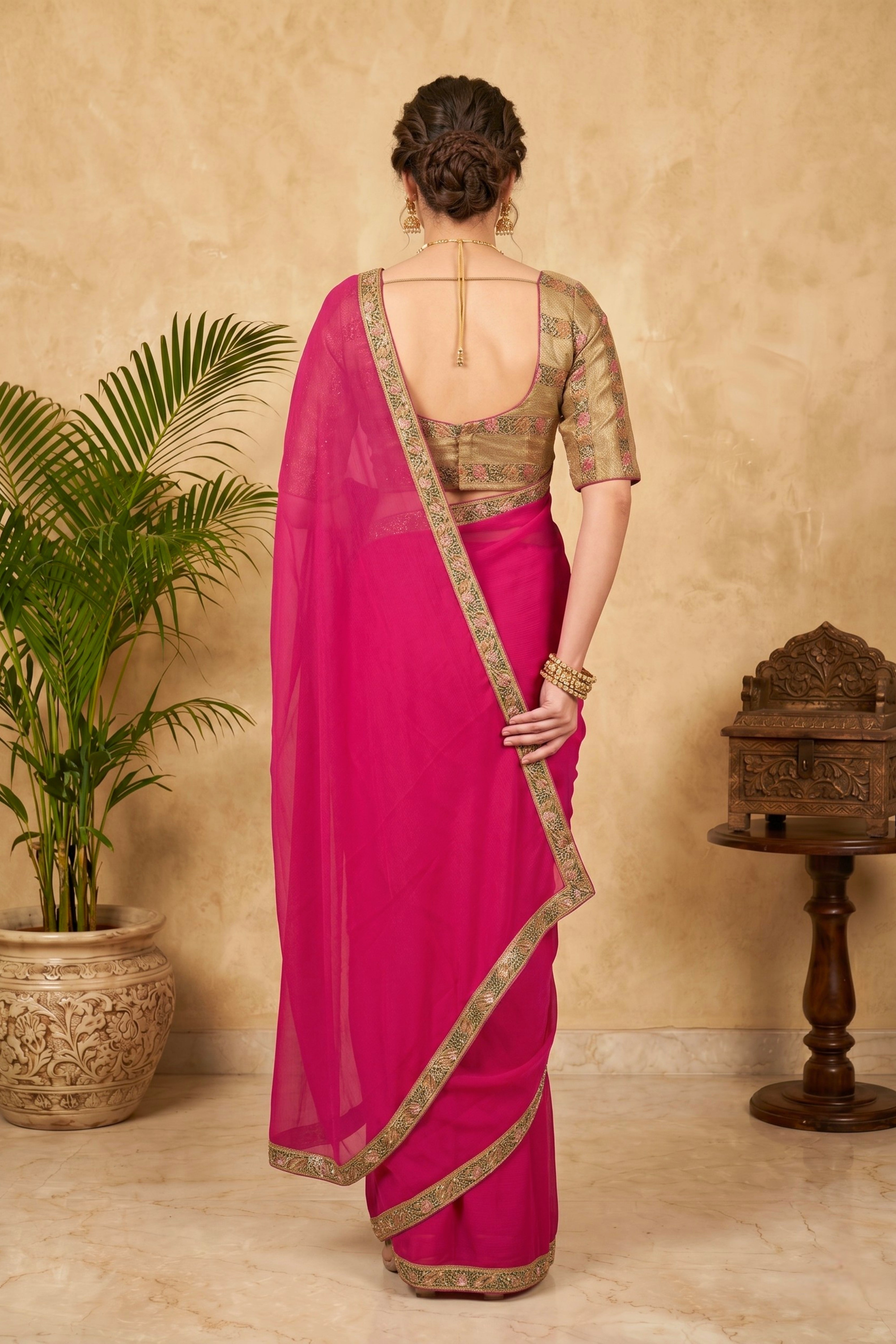 Vibrant Fuchsia Pink Chiffon Saree with Embroidered Border