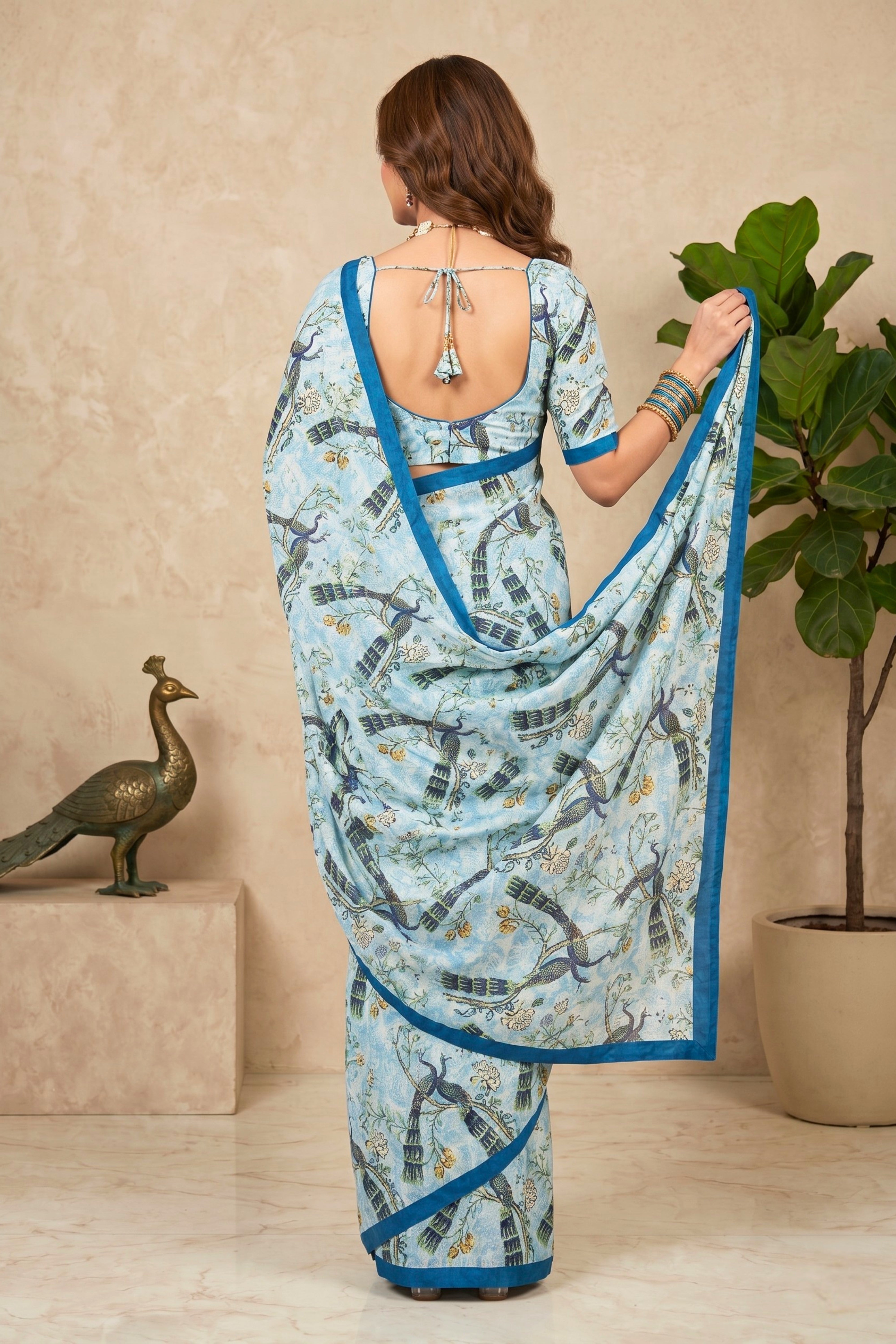Elegant Ice Blue Peacock Print Chanderi Saree