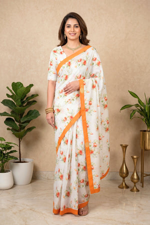 Refreshing Ivory & Tangerine Floral Chanderi Saree