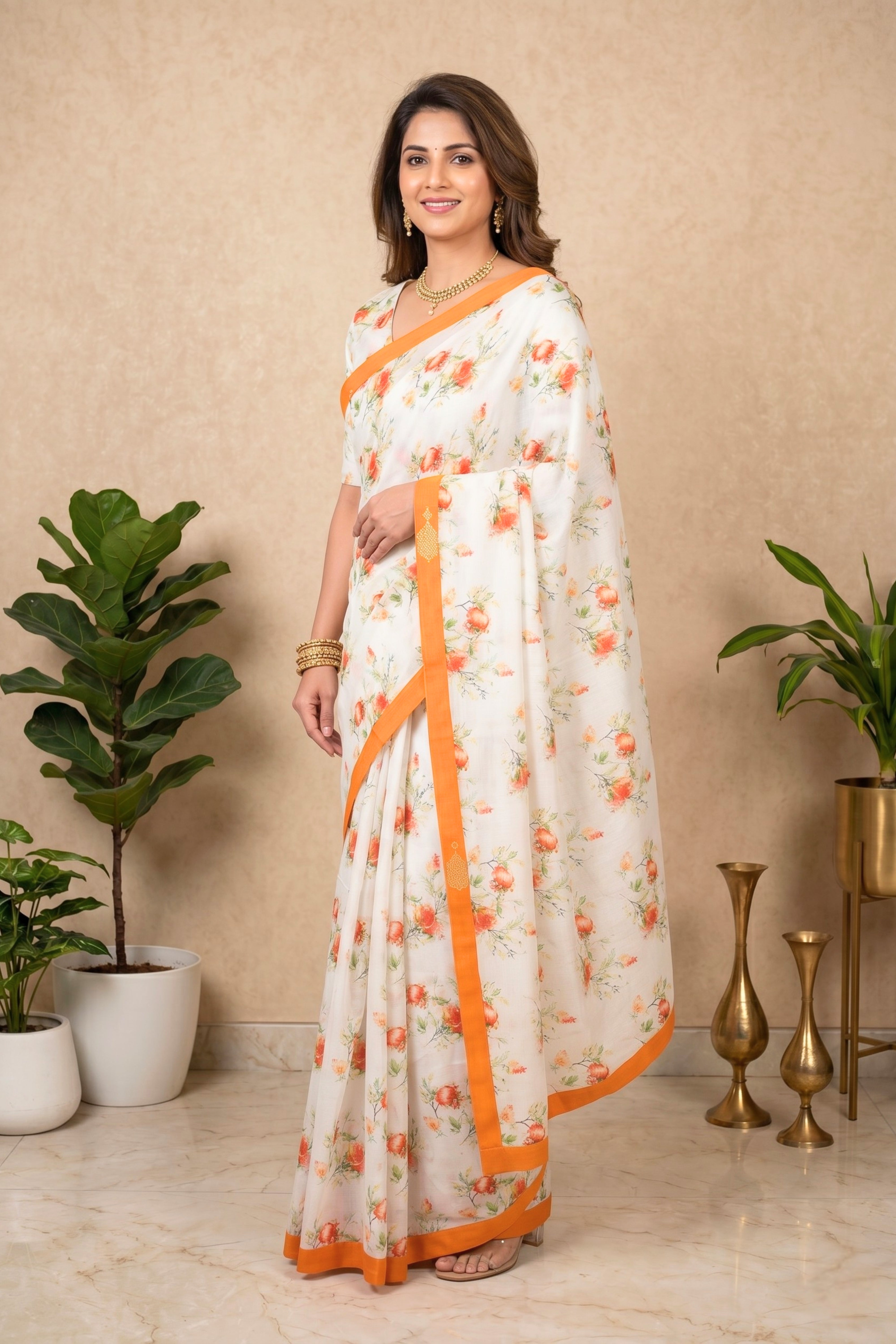 Refreshing Ivory & Tangerine Floral Chanderi Saree
