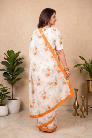 Refreshing Ivory & Tangerine Floral Chanderi Saree