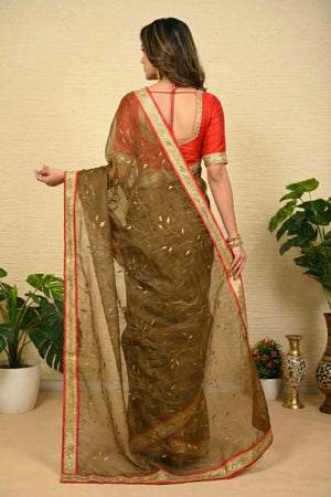 Ethereal Olive Green Soft Organza Saree with Delicate Gold Vines
