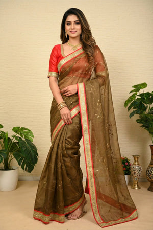 Ethereal Olive Green Soft Organza Saree with Delicate Gold Vines