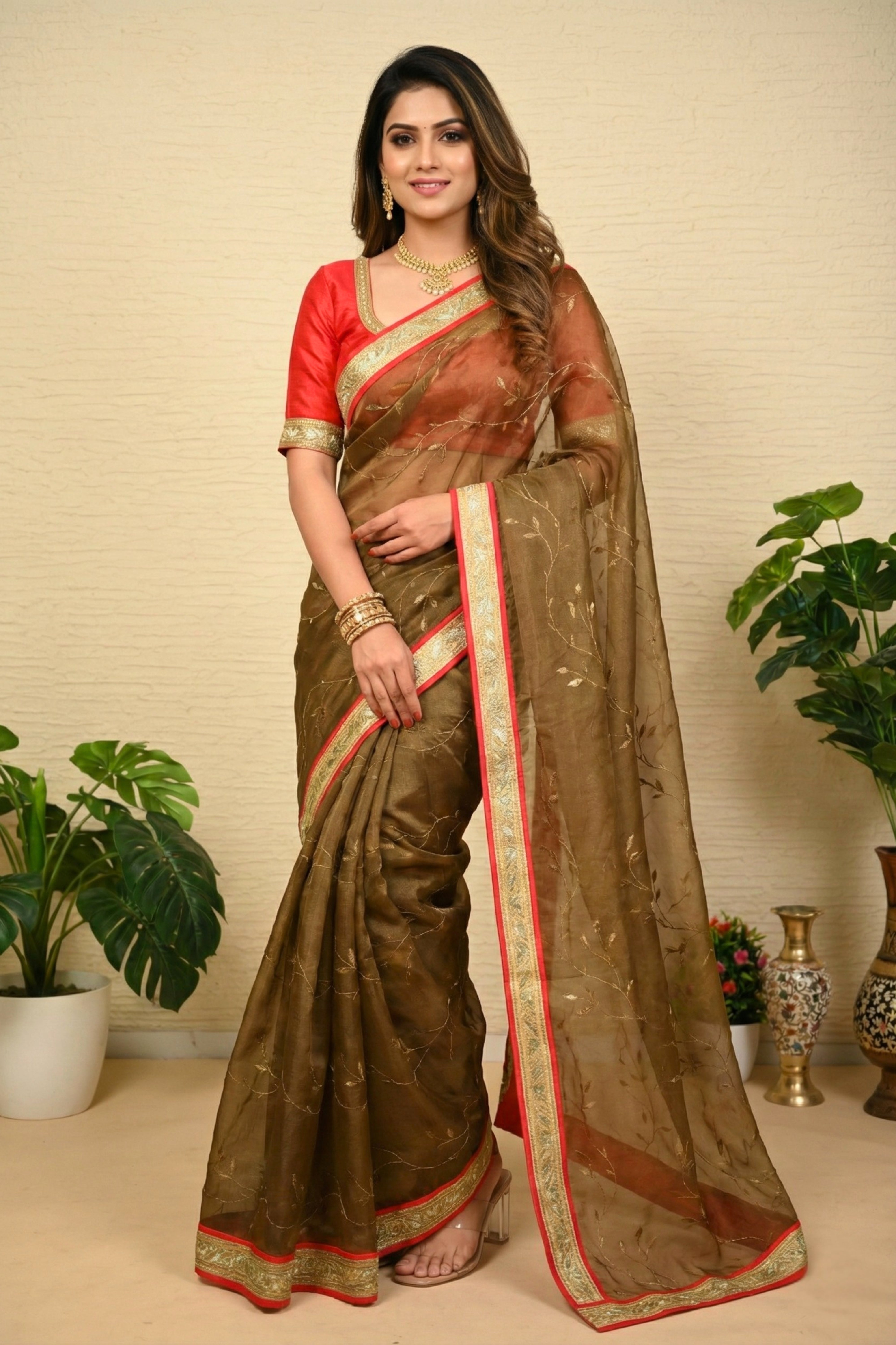 Ethereal Olive Green Soft Organza Saree with Delicate Gold Vines