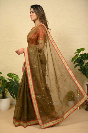 Ethereal Olive Green Soft Organza Saree with Delicate Gold Vines