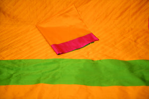 Vibrant Mango Yellow Banarasi Silk Saree with Green & Pink Borders
