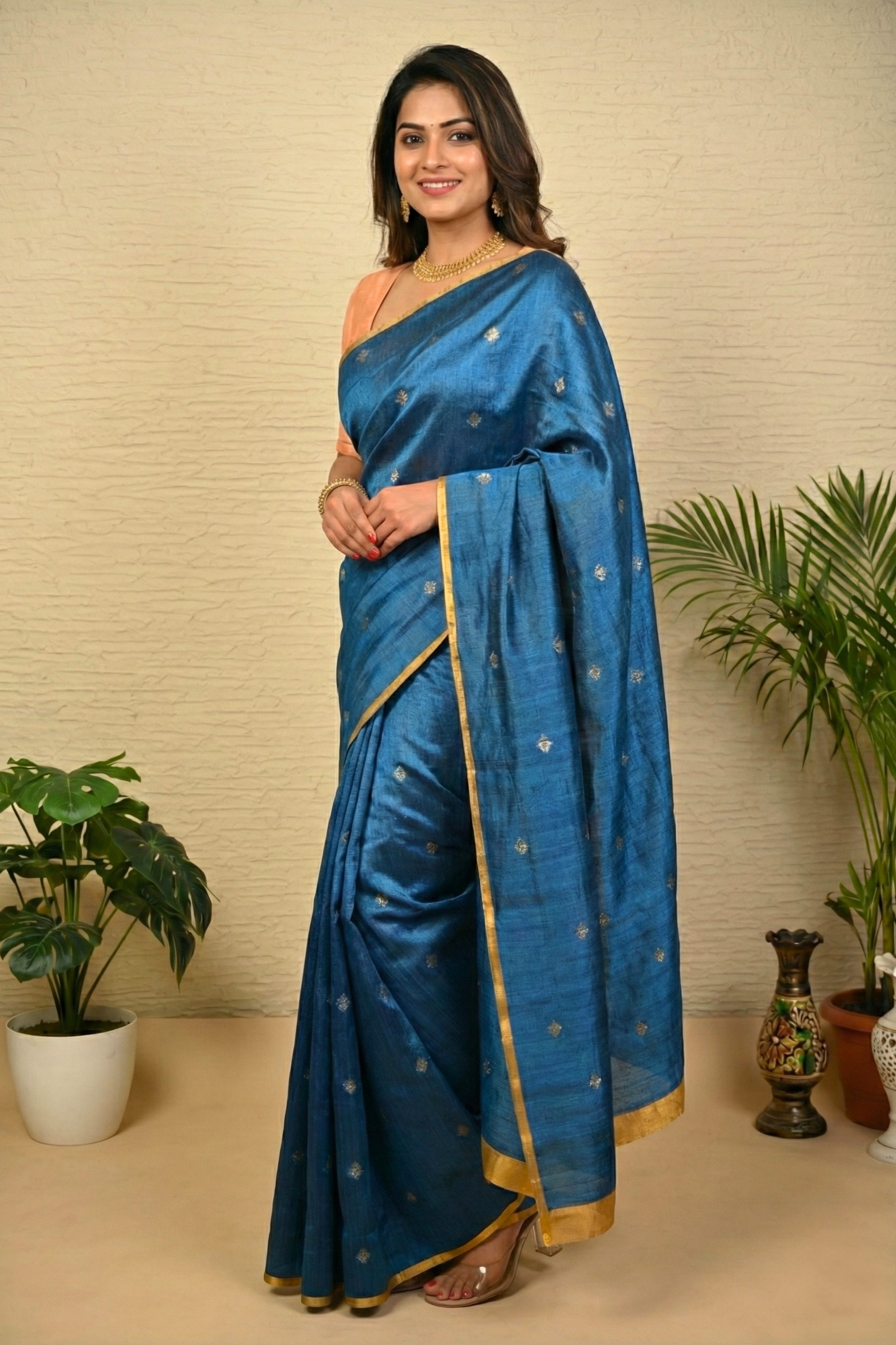 Deep Sapphire Soft Silk Saree with Minimalist Gold Border