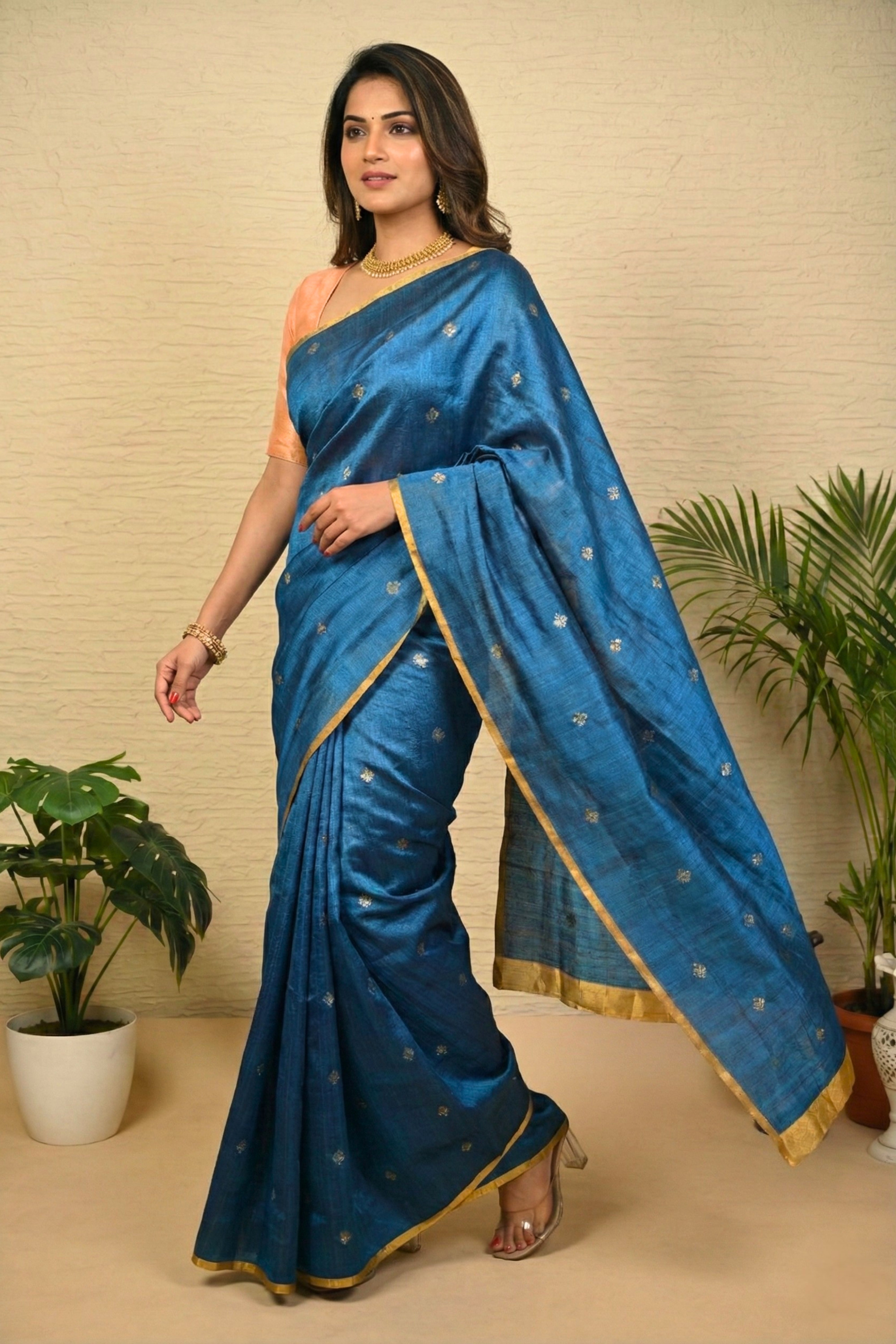 Deep Sapphire Soft Silk Saree with Minimalist Gold Border