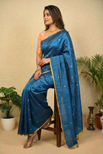 Deep Sapphire Soft Silk Saree with Minimalist Gold Border