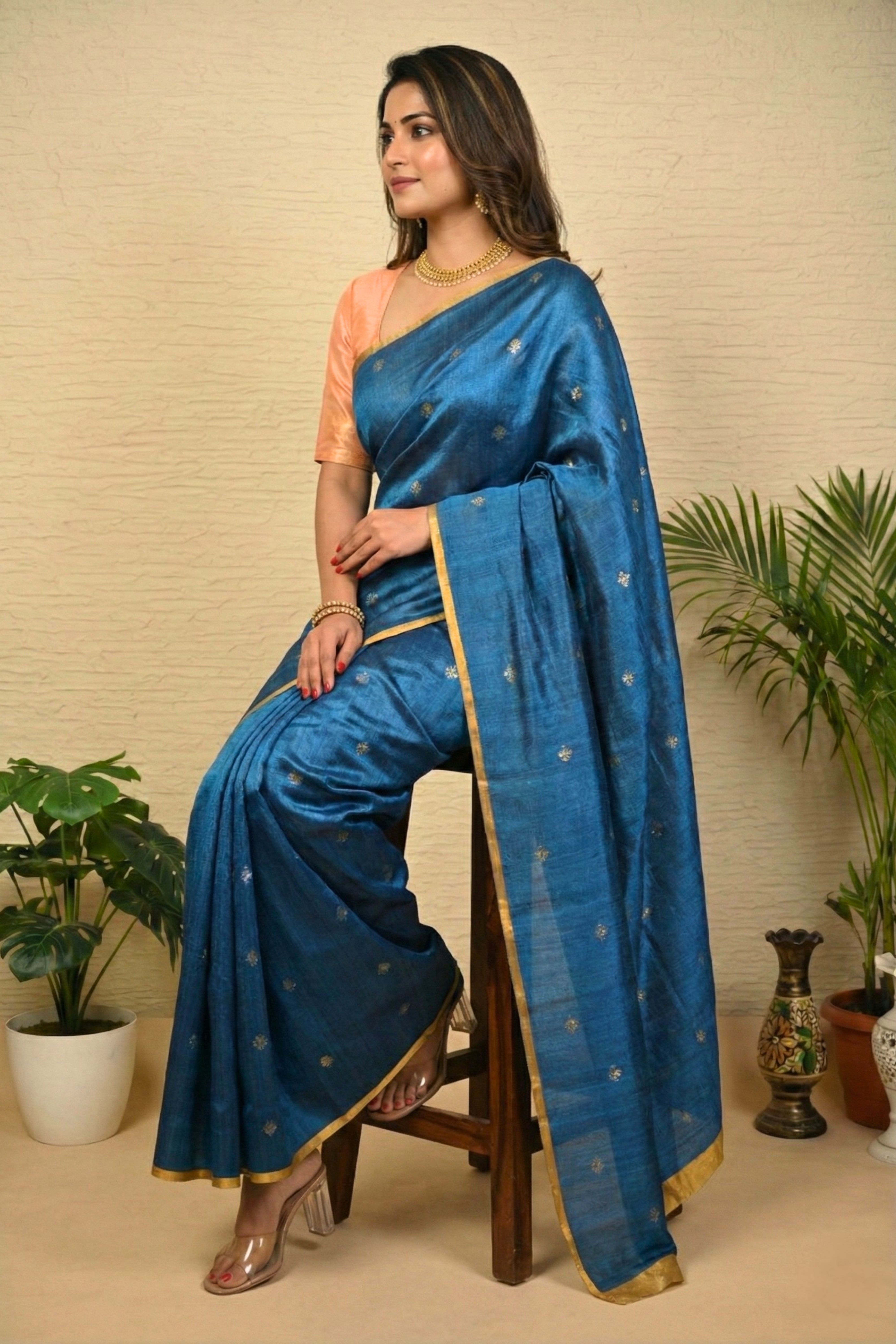 Deep Sapphire Soft Silk Saree with Minimalist Gold Border