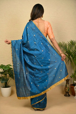 Deep Sapphire Soft Silk Saree with Minimalist Gold Border