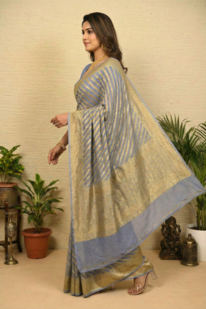 Elegant Powder Blue Leheriya Banarasi Khaddi Georgette Saree