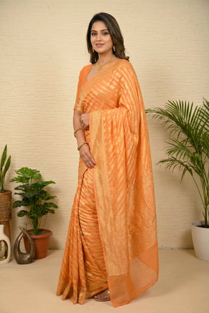 Elegant Peach Leheriya Zari Banarasi Georgette Saree