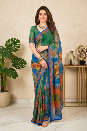 Vibrant Tropical Floral Jacquard Georgette Saree