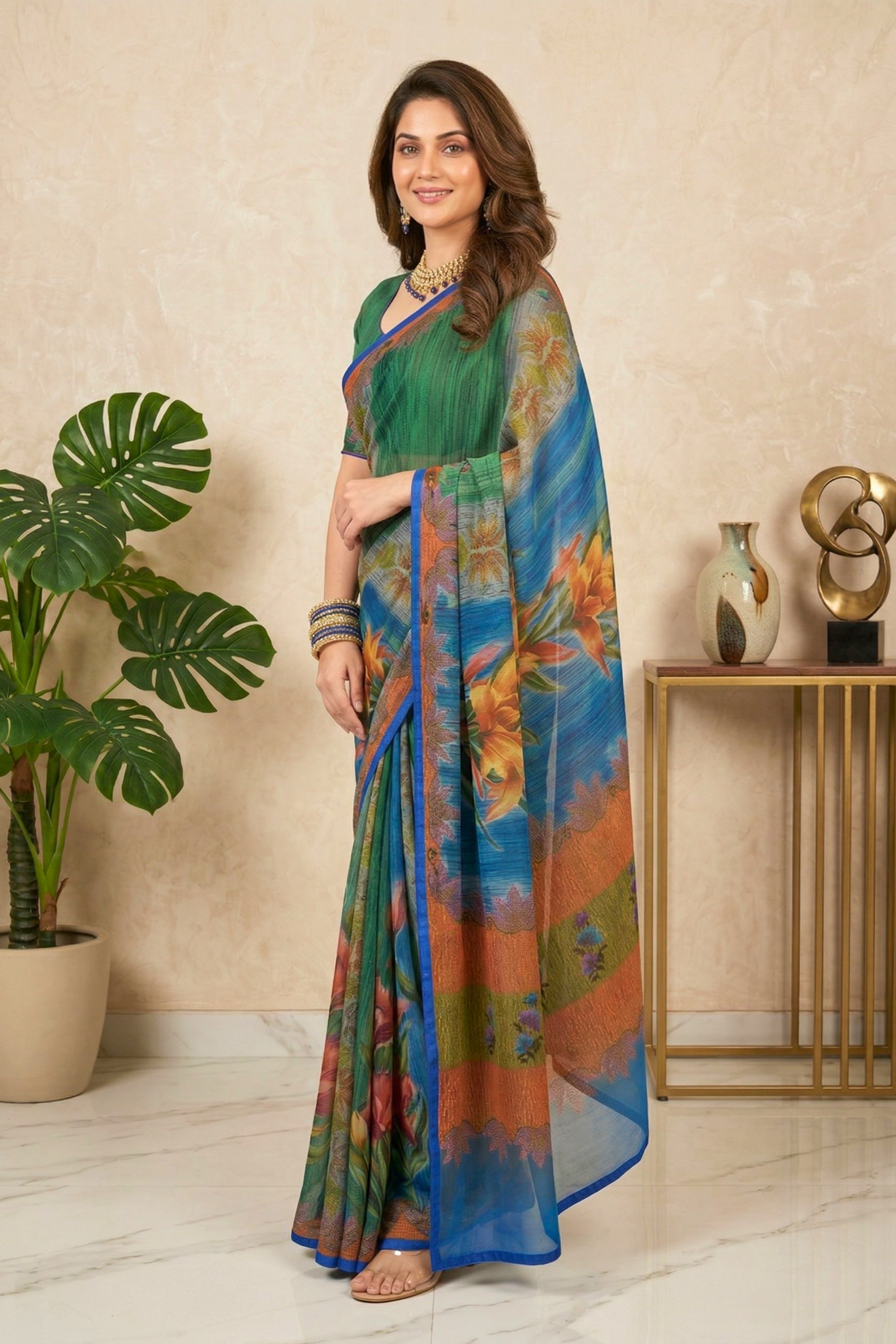 Vibrant Tropical Floral Jacquard Georgette Saree