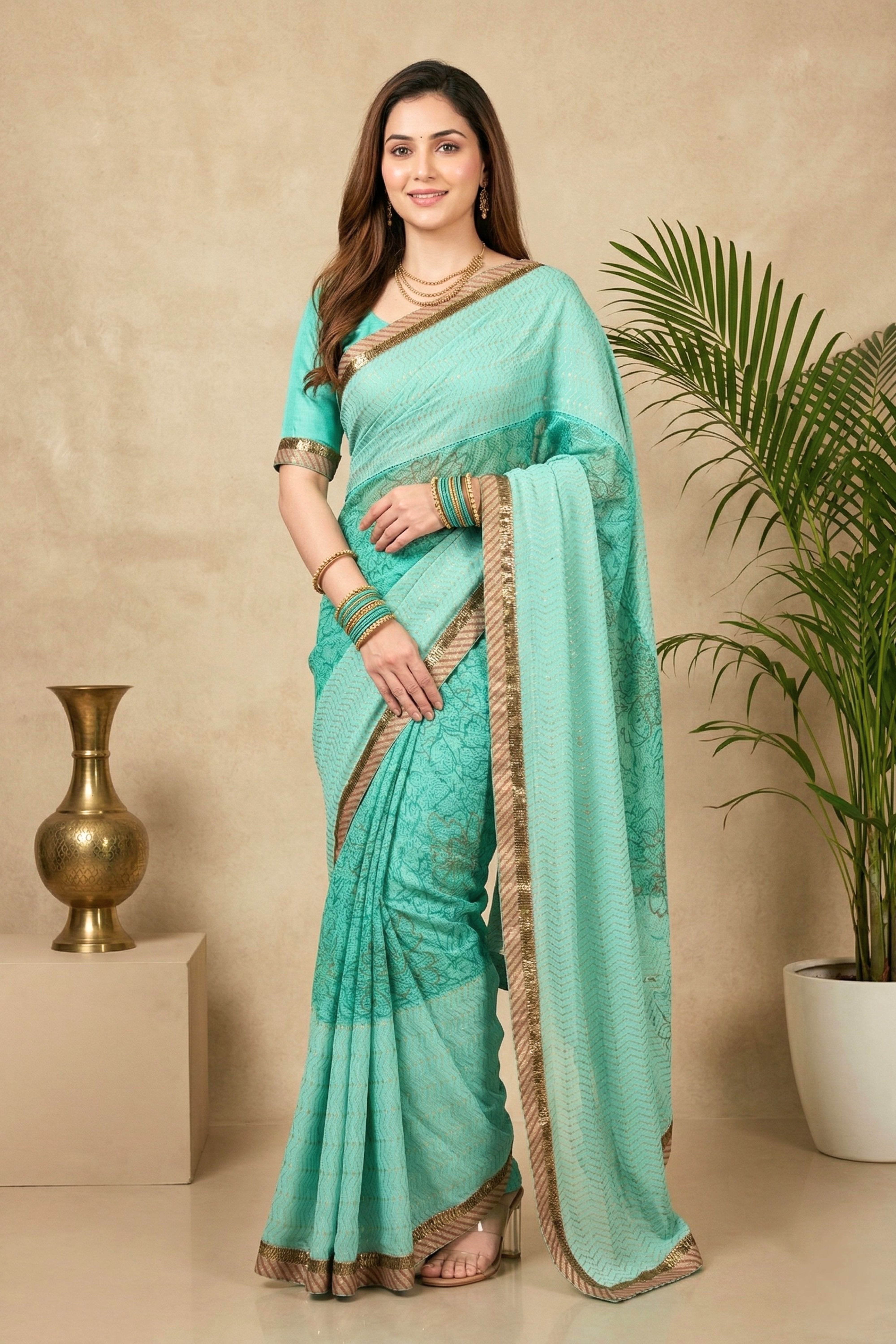 Ethereal Mint Green Chiffon Saree with Zari Border