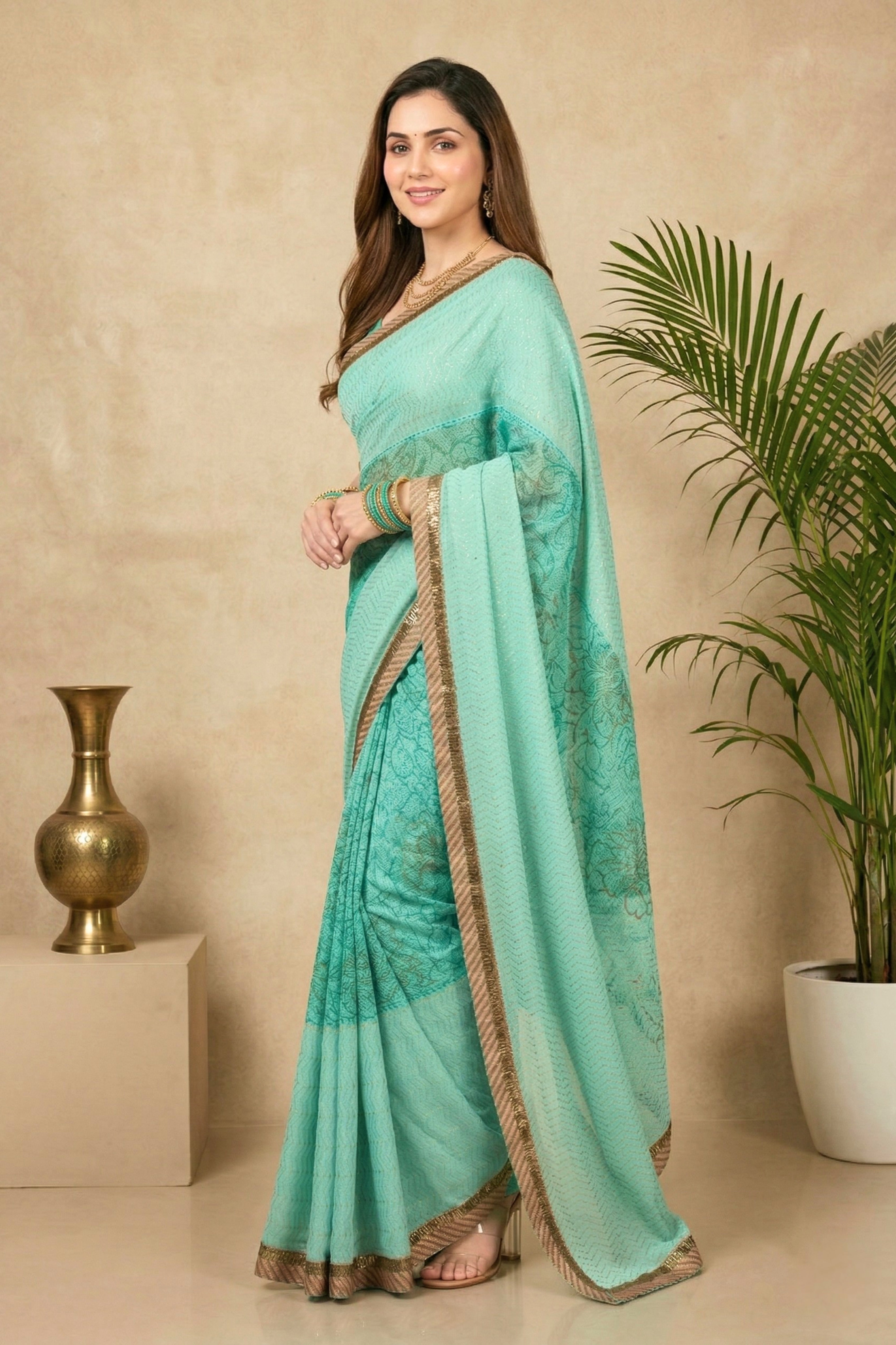 Ethereal Mint Green Chiffon Saree with Zari Border