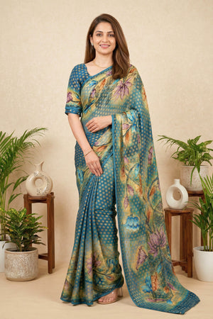 Teal Blue Floral Printed Georgette Saree