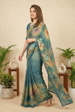 Teal Blue Floral Printed Georgette Saree
