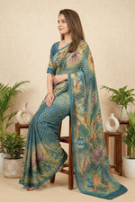 Teal Blue Floral Printed Georgette Saree