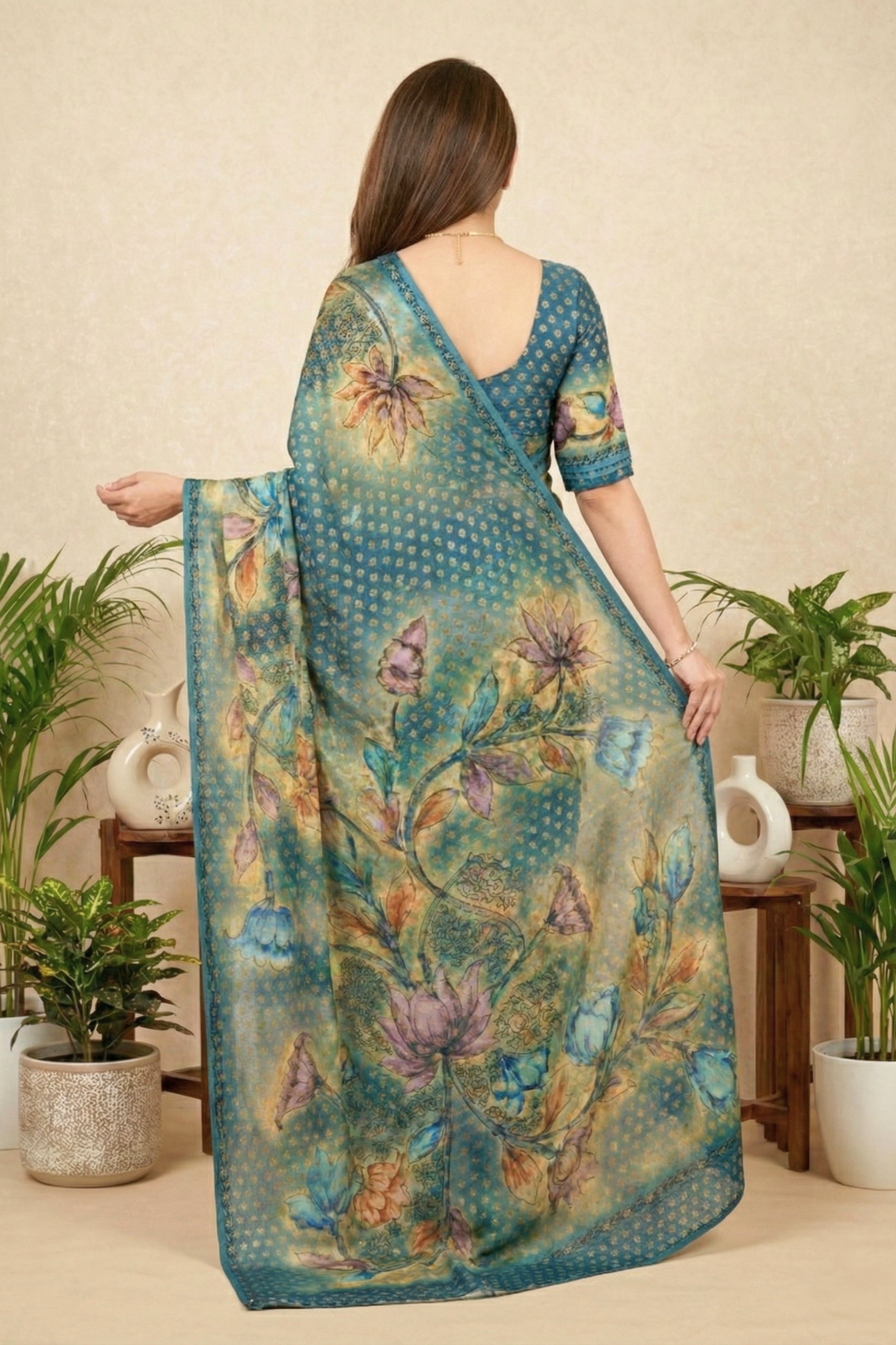 Teal Blue Floral Printed Georgette Saree