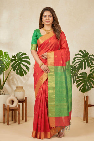 Radiant Tomato Red and Green Soft Raw Silk Saree with Zari Buttis