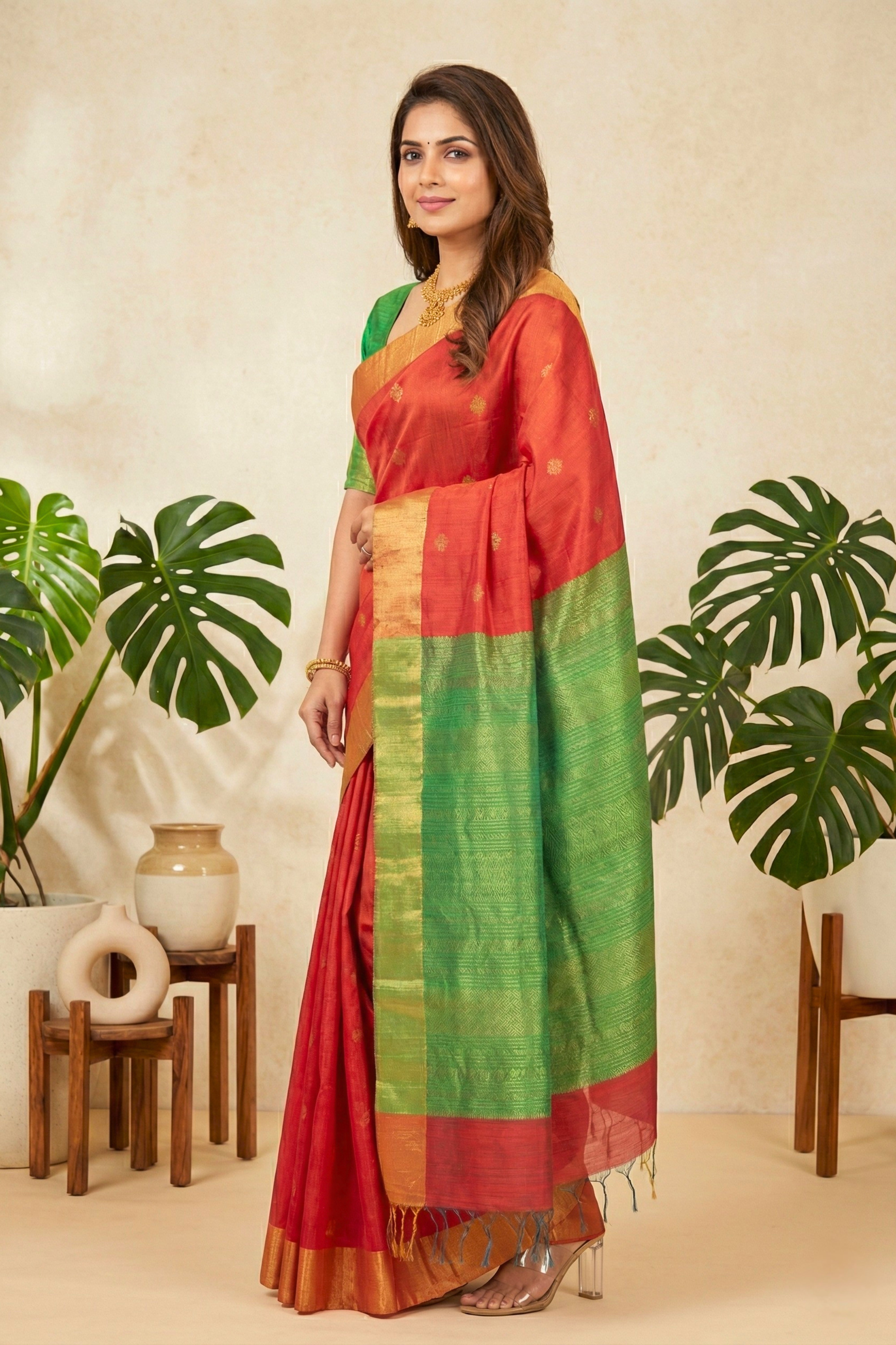 Radiant Tomato Red and Green Soft Raw Silk Saree with Zari Buttis