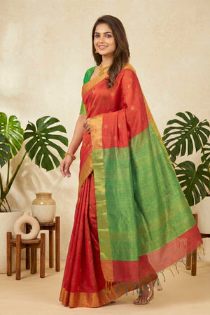Radiant Tomato Red and Green Soft Raw Silk Saree with Zari Buttis