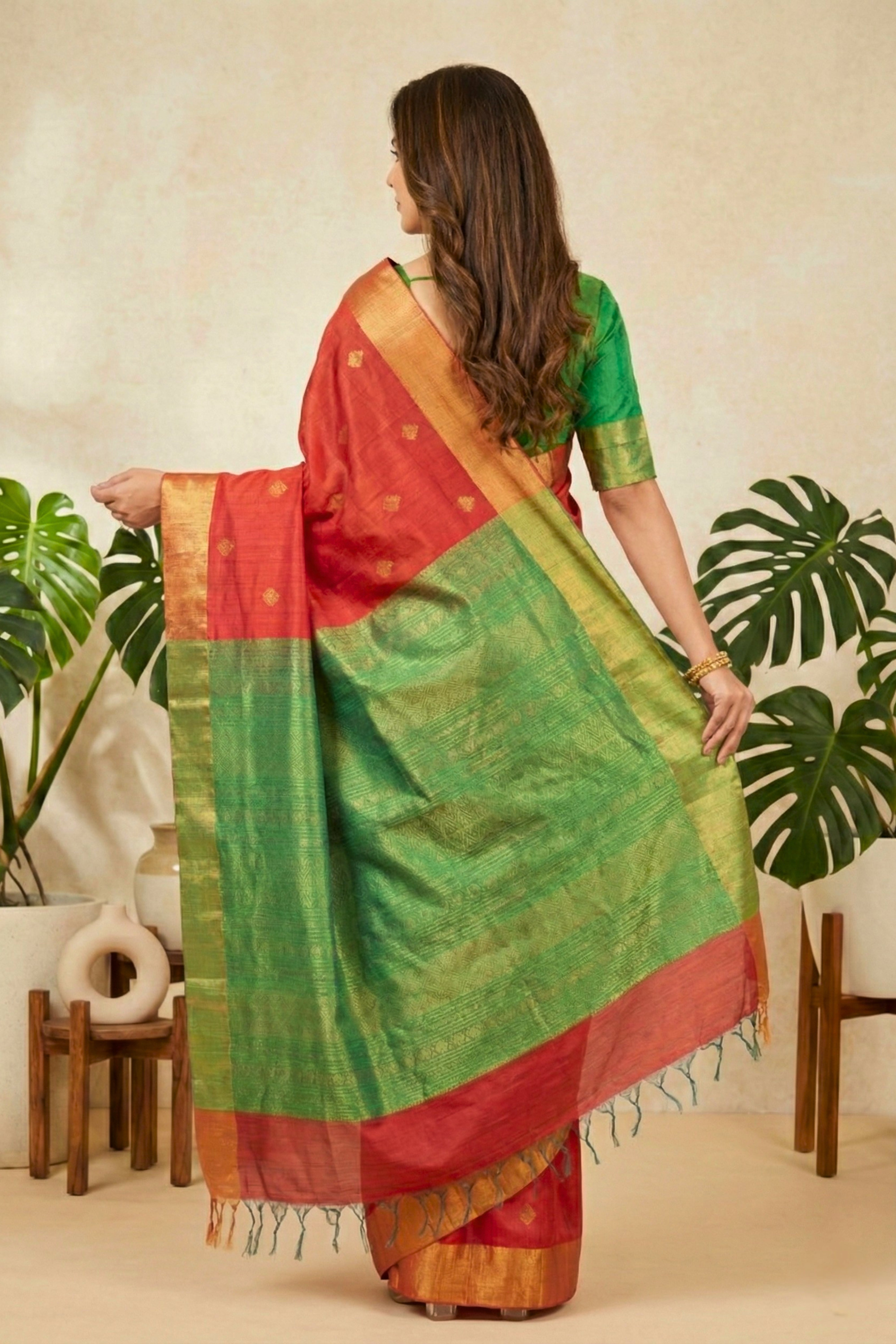 Radiant Tomato Red and Green Soft Raw Silk Saree with Zari Buttis