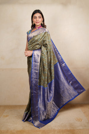 Olive Green Ajrakh Print Soft Silk Saree with Royal Blue Zari Border