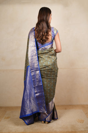 Olive Green Ajrakh Print Soft Silk Saree with Royal Blue Zari Border