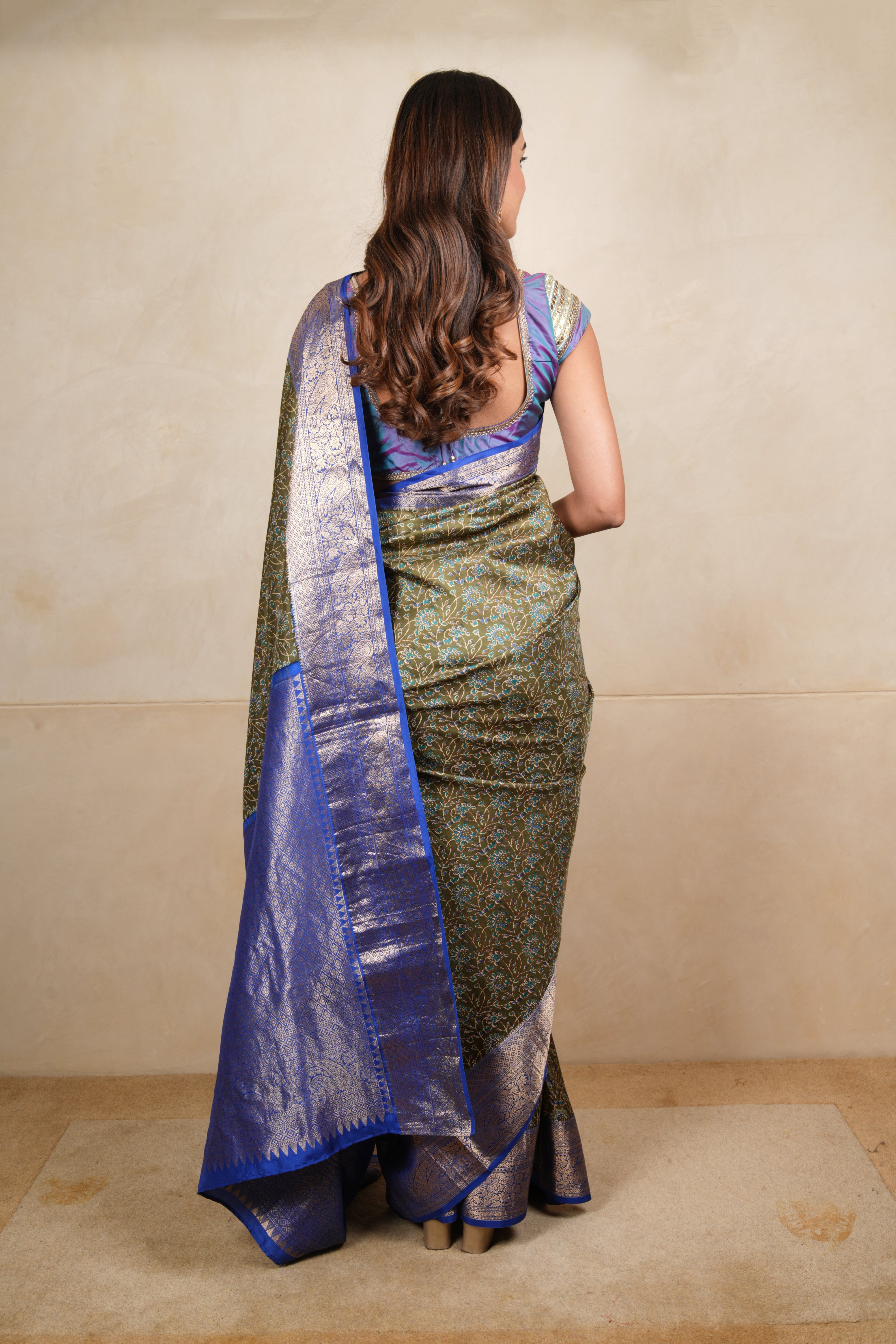 Olive Green Ajrakh Print Soft Silk Saree with Royal Blue Zari Border