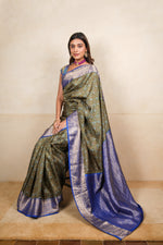Olive Green Ajrakh Print Soft Silk Saree with Royal Blue Zari Border
