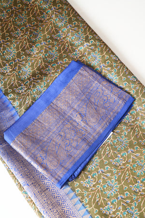 Olive Green Ajrakh Print Soft Silk Saree with Royal Blue Zari Border