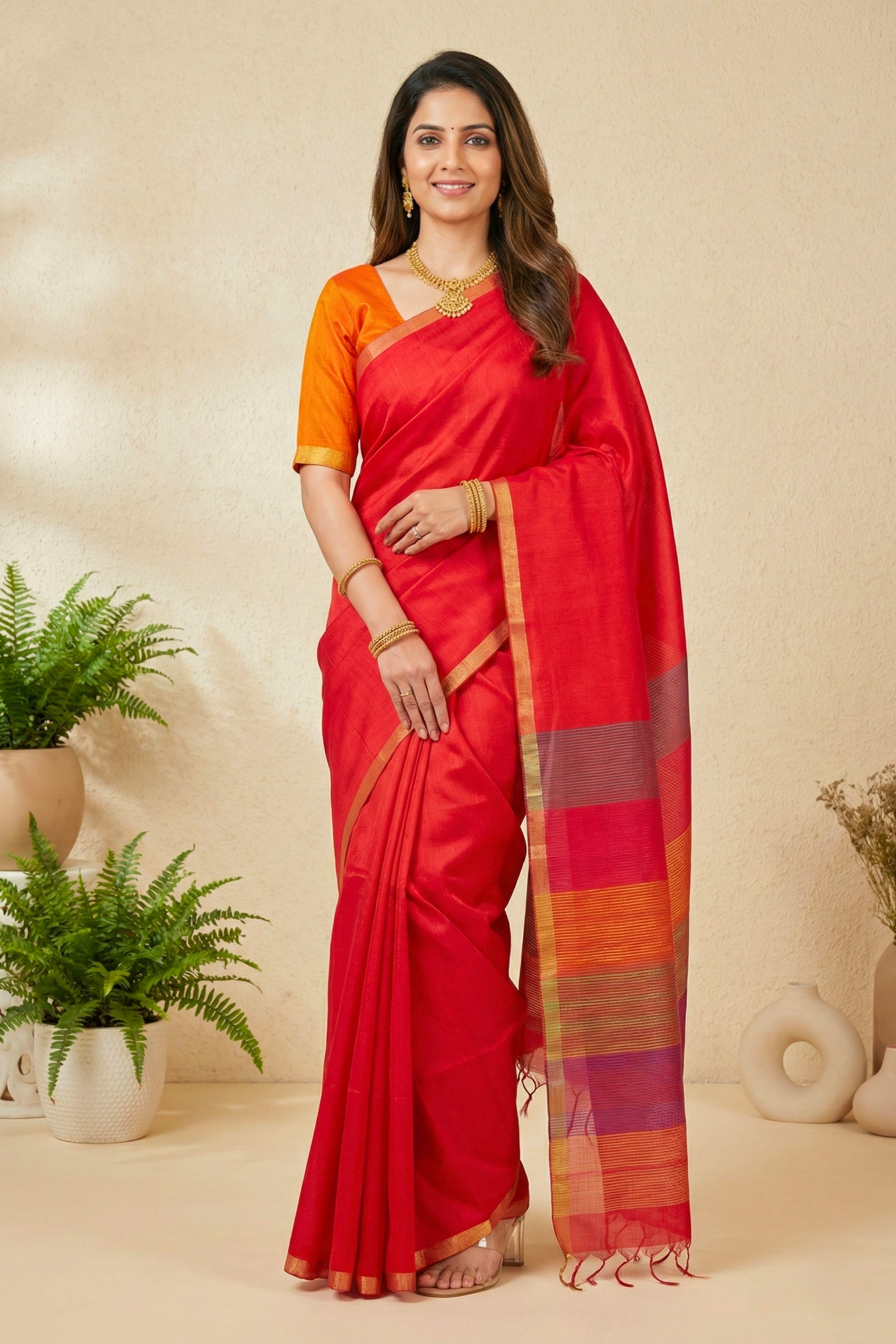 Crimson Red Soft Raw Silk Saree with Striped Pallu