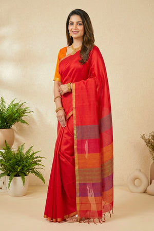 Crimson Red Soft Raw Silk Saree with Striped Pallu