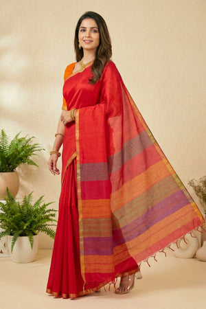 Crimson Red Soft Raw Silk Saree with Striped Pallu