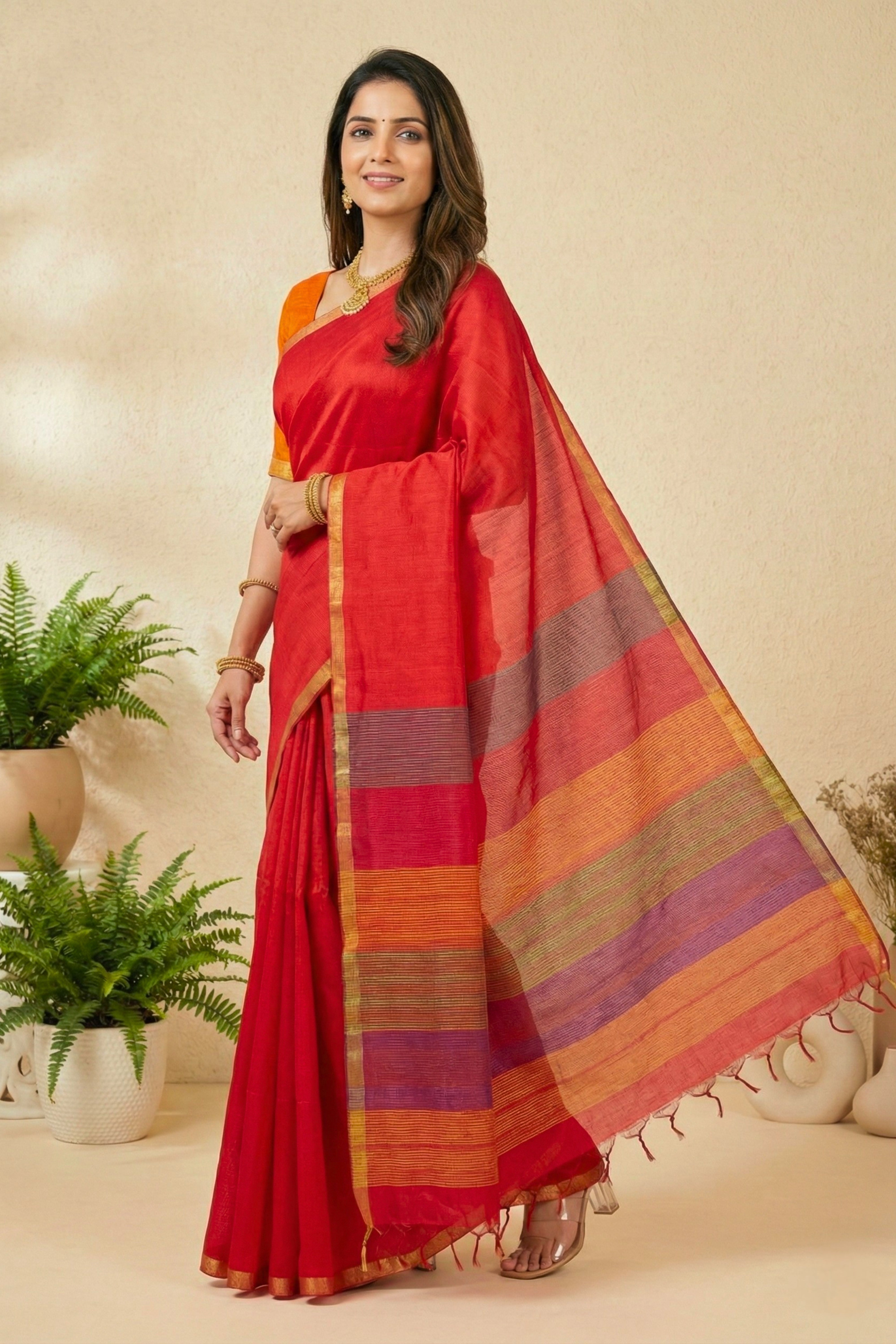 Crimson Red Soft Raw Silk Saree with Striped Pallu