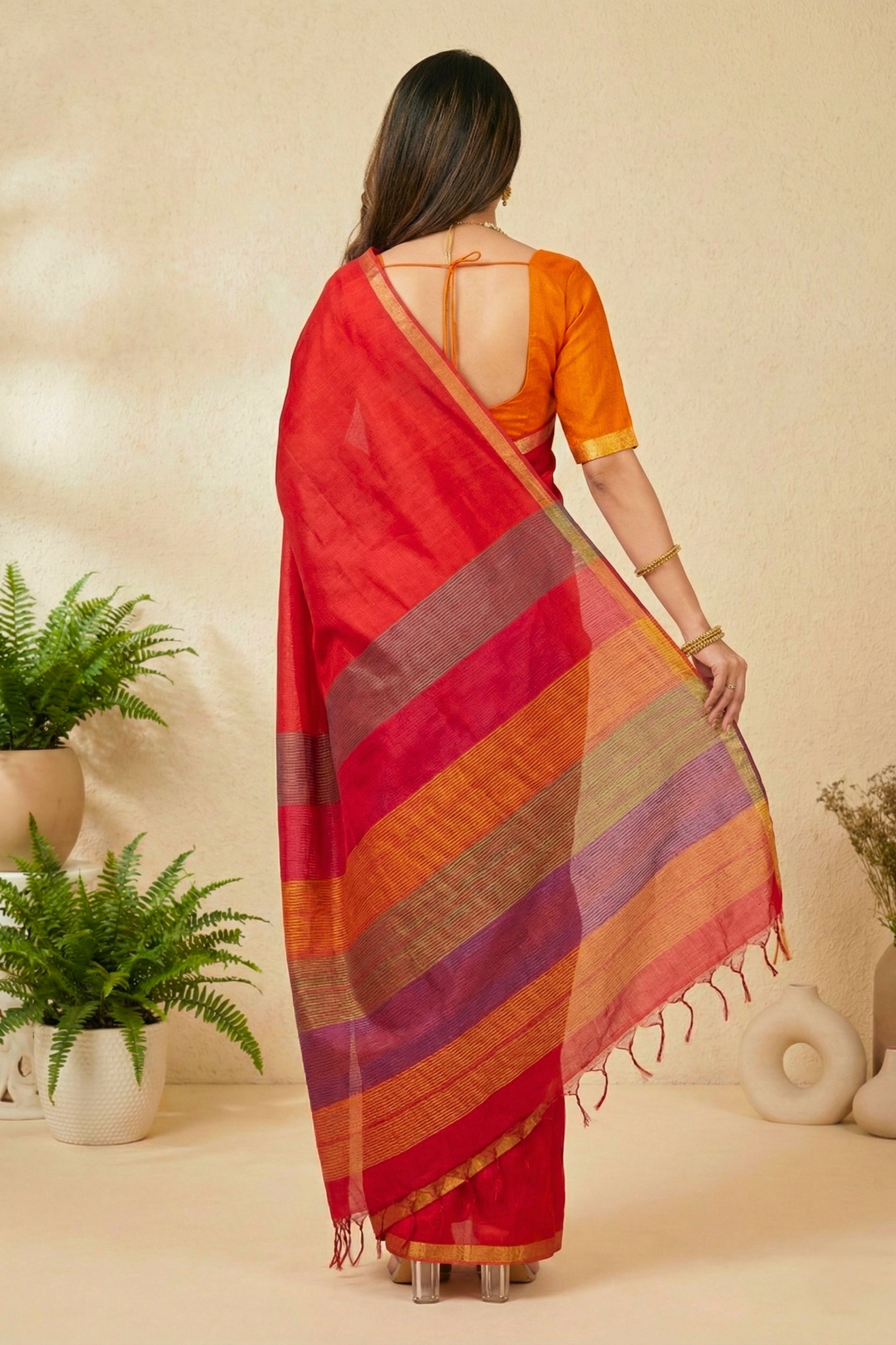 Crimson Red Soft Raw Silk Saree with Striped Pallu