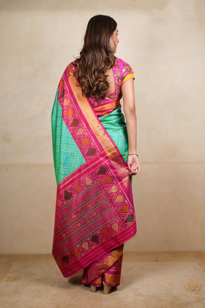 Vibrant Sea Green & Pink Patola Silk Saree