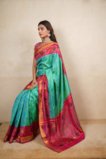 Vibrant Sea Green & Pink Patola Silk Saree